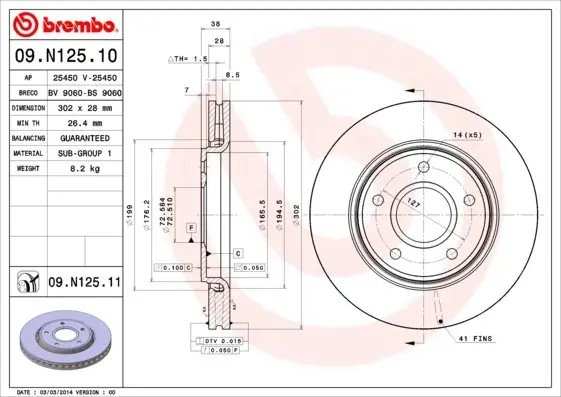Obniżka ceny Tarcza hamulcowa BREMBO 09.N125.11 68032944AA
