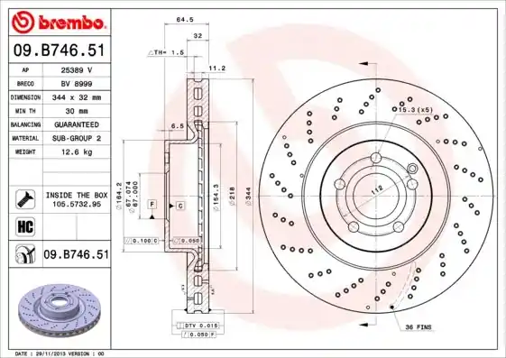 Tarcza hamulcowa BREMBO 09.B746.51 2044211112 Darmowy zwrot
