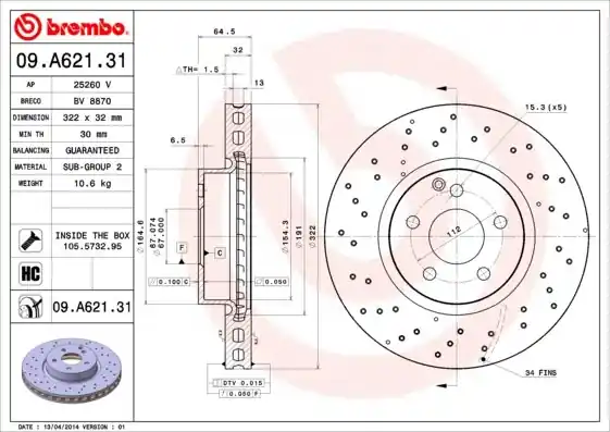 Tarcza hamulcowa BREMBO 09.A621.31 2044211012 Szybka dostawa