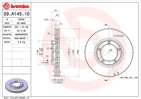 Tarcza hamulcowa BREMBO 09.A145.10 581294A000 Zniżka