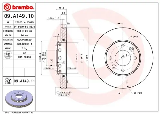 Wysoka jakość Tarcza hamulcowa BREMBO 09.A149.11 0K2FA33251