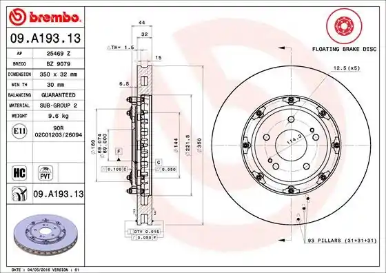 Tarcza hamulcowa BREMBO 09.A193.13 4615A023 Kup teraz