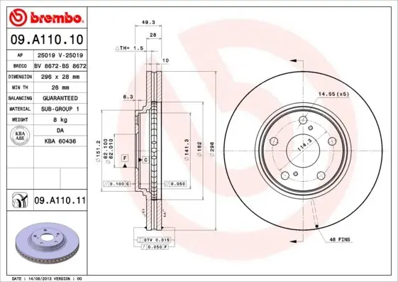 Tarcza hamulcowa BREMBO 09.A110.11 4351233100 Dostępne od ręki
