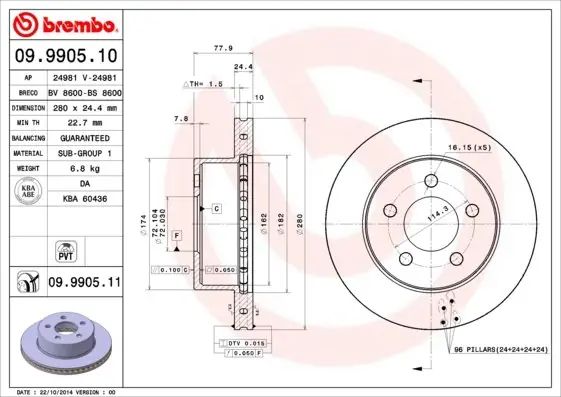 Tarcza hamulcowa BREMBO 09.9905.11 5016434AA Ograniczona ilość