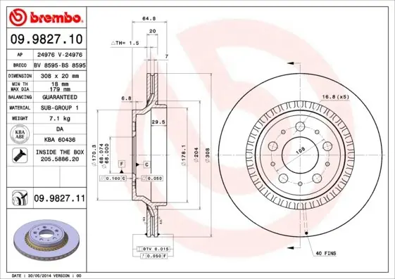 Dostępne od ręki Tarcza hamulcowa BREMBO 09.9827.11 8624926