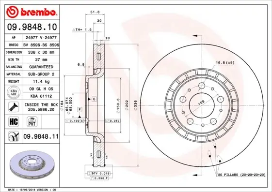 Tarcza hamulcowa BREMBO 09.9848.11 30657301 Obniżka ceny