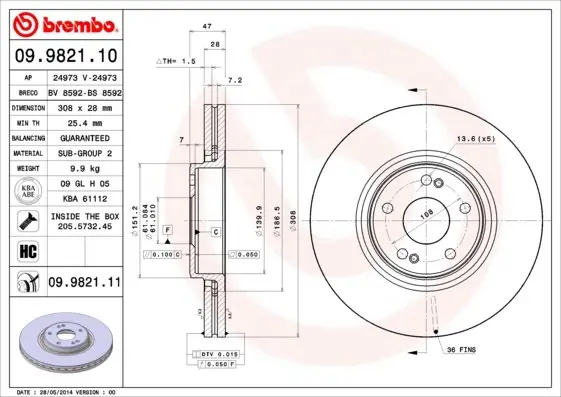Nowość Tarcza hamulcowa BREMBO 09.9821.11 7701206831