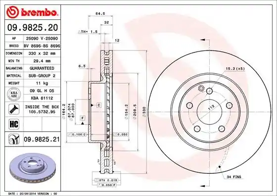 Tarcza hamulcowa BREMBO 09.9825.21 2114211012 Oferta