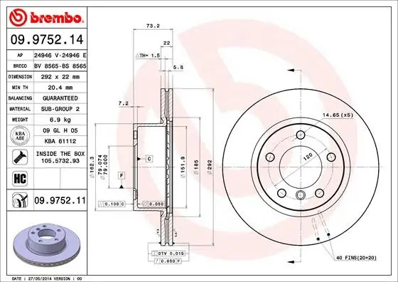 Tarcza hamulcowa BREMBO 09.9752.11 34116764641 Oferta