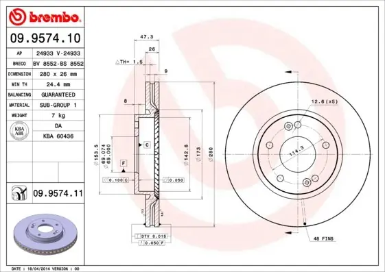 Tarcza hamulcowa BREMBO 09.9574.11 517122C000 Bezpieczne zakupy