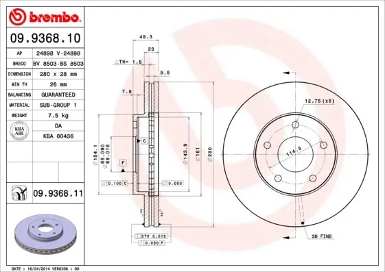 Dodaj do koszyka Tarcza hamulcowa BREMBO 09.9368.11 402064U107
