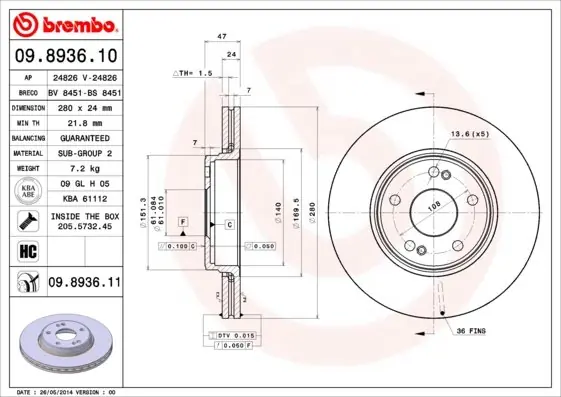 Tarcza hamulcowa BREMBO 09.8936.11 8200007121 Oferta czasowa