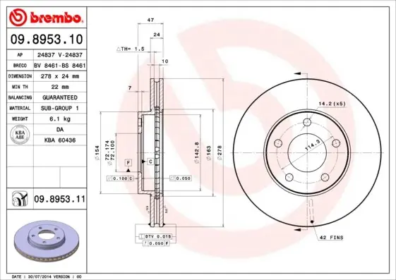 Tylko do końca tygodnia Tarcza hamulcowa BREMBO 09.8953.11 E1003325XA