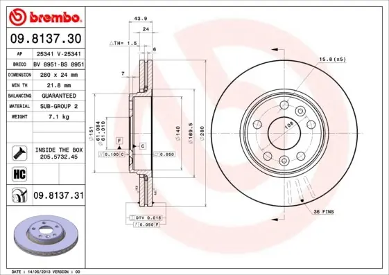 Zamów teraz Tarcza hamulcowa BREMBO 09.8137.31 7701208848