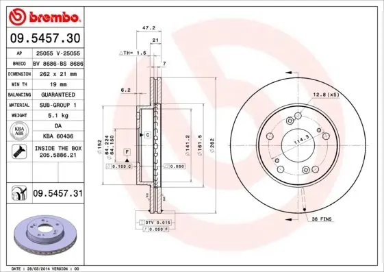 Nie przegap Tarcza hamulcowa BREMBO 09.5457.31 45251S6M000