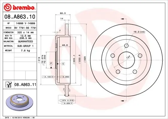 Ograniczona ilość Tarcza hamulcowa BREMBO 08.A863.11 52089275AB