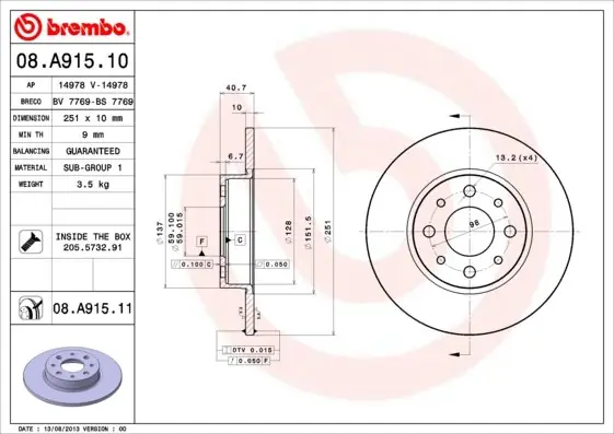 Tarcza hamulcowa BREMBO 08.A915.11 51805559 Rabat