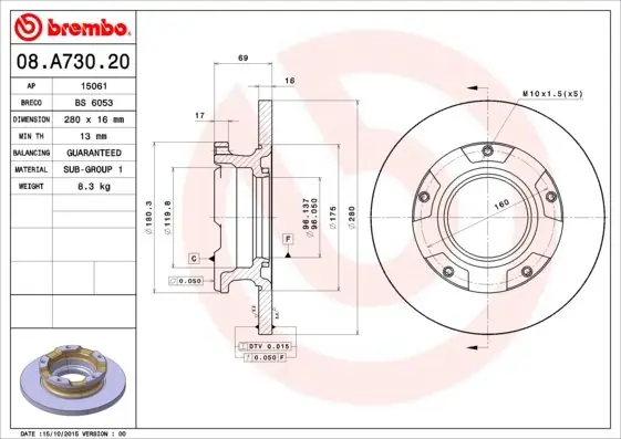 Tarcza hamulcowa BREMBO 08.A730.20 1451161 Do wyczerpania zapasów