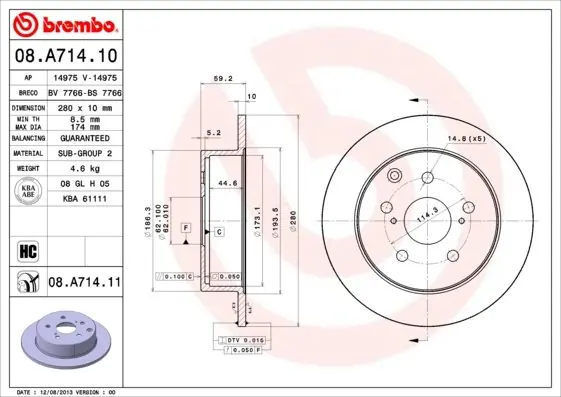Tarcza hamulcowa BREMBO 08.A714.11 4243105050 Zniżka