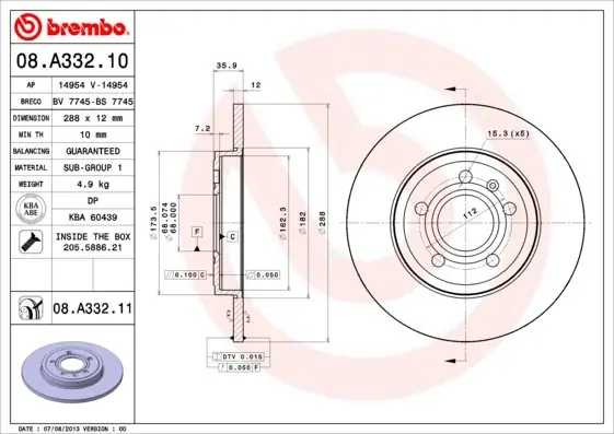 Tarcza hamulcowa BREMBO 08.A332.11 8E0615601M Kup teraz