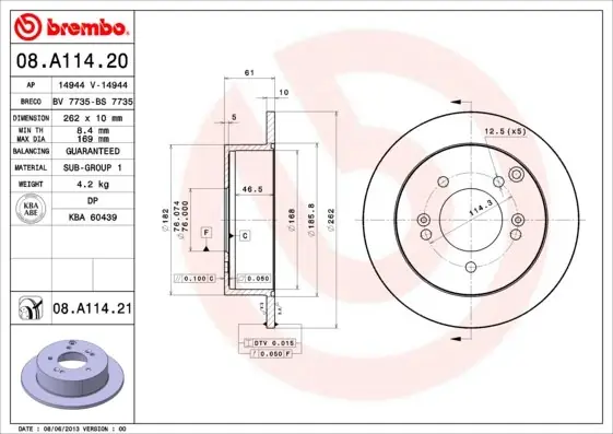 Tarcza hamulcowa BREMBO 08.A114.21 5841139300 Darmowy zwrot
