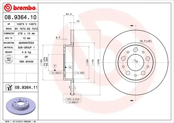 Tarcza hamulcowa BREMBO 08.9364.11 46843610 Tylko do końca tygodnia