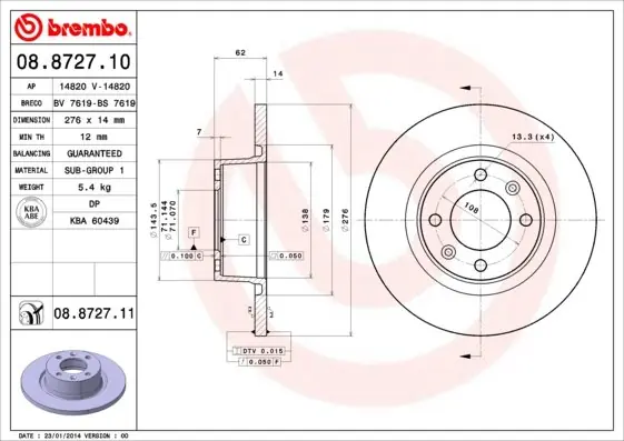 Wysoka jakość Tarcza hamulcowa BREMBO 08.8727.11 4246W4