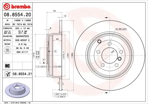 Tarcza hamulcowa BREMBO 08.8554.21 SDB000211 Kup online