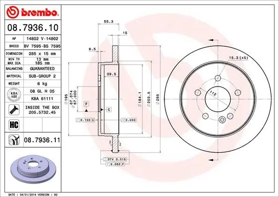 Wysoka jakość Tarcza hamulcowa BREMBO 08.7936.11 1634210112