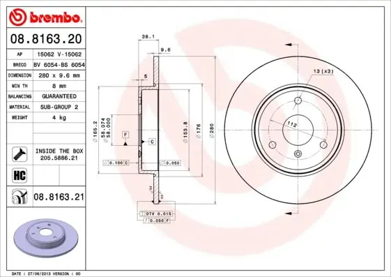 Kup online Tarcza hamulcowa BREMBO 08.8163.21 4514210112