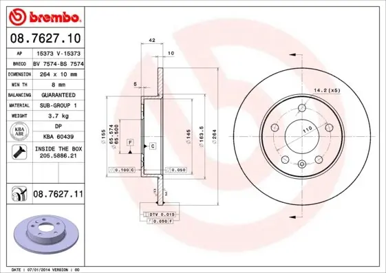 Tarcza hamulcowa BREMBO 08.7627.11 0569109 Niska cena