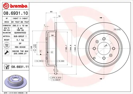 Tarcza hamulcowa BREMBO 08.6931.11 4246L7 Nowość