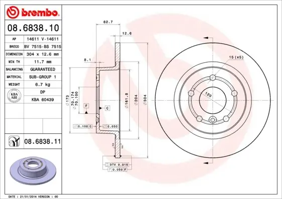 Tarcza hamulcowa BREMBO 08.6838.11 NTC8781 Do wyczerpania zapasów