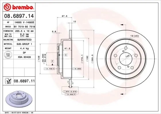 Tarcza hamulcowa BREMBO 08.6897.11 26310AA040 Nowość