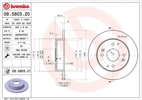 Tarcza hamulcowa BREMBO 08.5803.21 42510S84A50 Bestseller