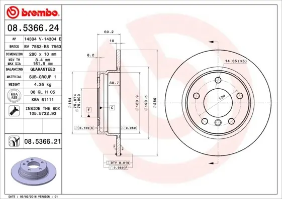 Tarcza hamulcowa BREMBO 08.5366.21 34211162289 Okazja